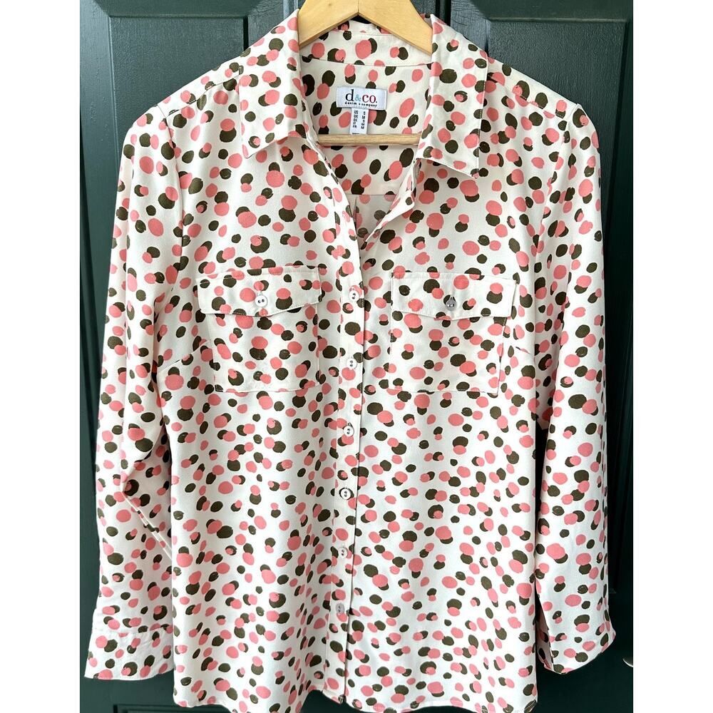 Denim & Co. Sz S Button Front Silky Pink Dot Button Front Blouse Career Office